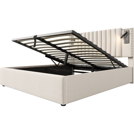 Polsterbett 140x200 cm mit verstellbarem Kopfteil, Leselampe und USB Type-C, beige (1/5)