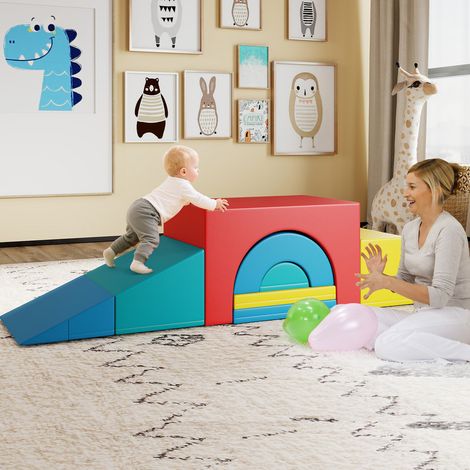 Kit de 7 blocs d'escalade en mousse multicolore avec revêtement simili PU et bandes auto-agrippantes pour salle de jeux et crèche (1/5)