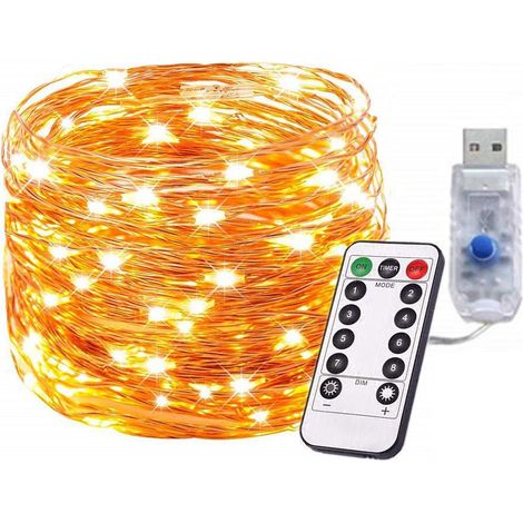 Guirlande lumineuse à piles, 10 m (33 pi), 100 LED, 8 modes d'éclairage, avec télécommande pour jardin et terrasse (1/5)