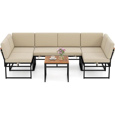 Ensemble de Meuble de Patio 6 Pcs, Canapé Extérieur Métallique avec Coussins et Assise en Corde Élastique, Table Basse en Acacia (1/5)
