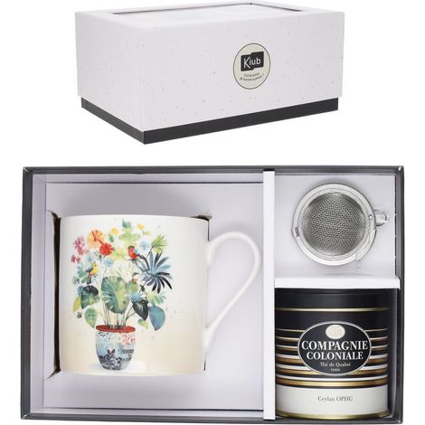 JUEGO TAZA MACETA 425ML + INFUSOR + LATA DE TE + BOX REGALO