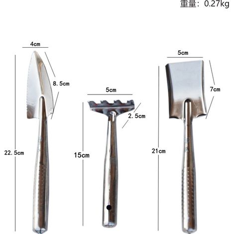Kit outils de jardinage 3 pièces inox, mini pelle et râteau pour succulentes, bonsaï et rempotage, Composition : ensemble de 3 pièces en inox, Couleur : argent (1/5)