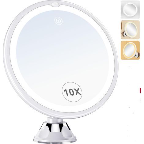 Suction cup makeup mirror with 10x magnification, 3 LED lights, 360° rotation, illuminated mirror for bathroom and travel (1/5)