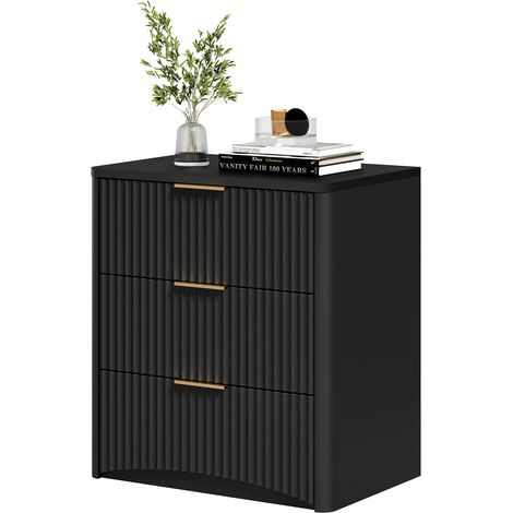 Schubladenschrank 58x38x64 cm Schwarz, Beistellschrank mit 3 Schubladen, Rillenfront, Metallgriffen, leisen Führungsschienen, Schlafzimmer