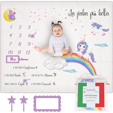 ANDY & HELEN Coperta Mesi Neonato 100% Cotone Made in Italy con Segnamesi - 103x135cm - Unicorno (1/5)