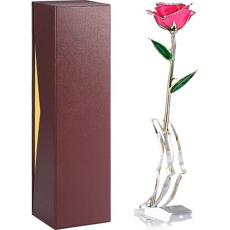 Rose longue tige 24k doré à l'or fin, boîte cadeau avec support, rose rose avec présentoir (1/5)