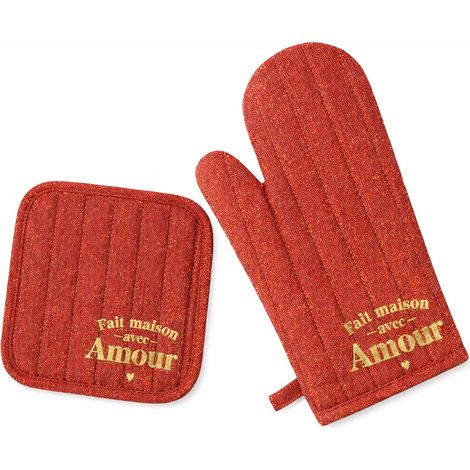 Set gant et manique de cuisine fait maison avec amour rouge (1/2)