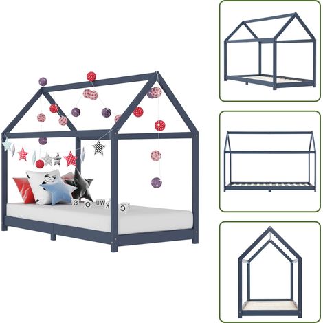The Living Store Kinder-Bettgestell Grau Massivholz Kiefer 90 x 200 cm - Kinderbett - Holzbett - Kiefernholzbett - Jugendbett - Baumhausbett