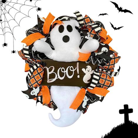 Guirlande Fantome Halloween - 40 cm - Décor Porte D'Entrée Intérieur Extérieur - En Jute Naturelle Et Maille Noir Blanc - 1 Pièce (1/5)