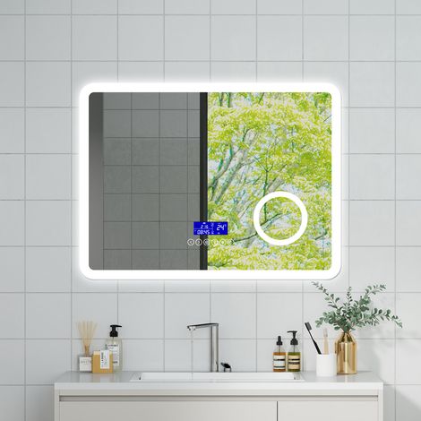 OCEAN Specchio da bagno con LED 80x60cm,Bluetooth,Lente d'ingrandimento,Orologio,3 colori,Dimmerabile, Antiappannamento,Memoria,IP44, Vetro HD,Doppio interruttore,Orizzontale/Verticale