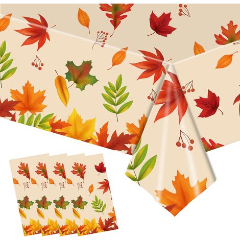 Juego de 4 manteles de plástico con estampado de calabazas y hojas de arce, impermeables, de 137 x 274 cm, ideales para Acción de Gracias y Halloween. (1/5)