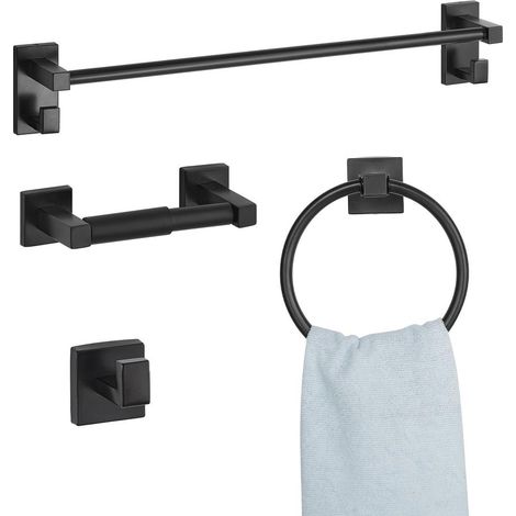 Pour une salle de bain bien organisée, kit d'accessoires mural 4 pièces à fixation par perçage, inox noir mat (1/5)