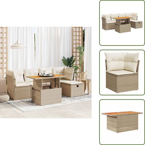 6-tlg. Garten-Sofagarnitur mit Kissen Beige Poly Rattan Akazie - Garten Sofagarnitur - Garten Sofagarnituren - Outdoor Sofagarnitur - Sofagarnitur Terrasse (1/5)