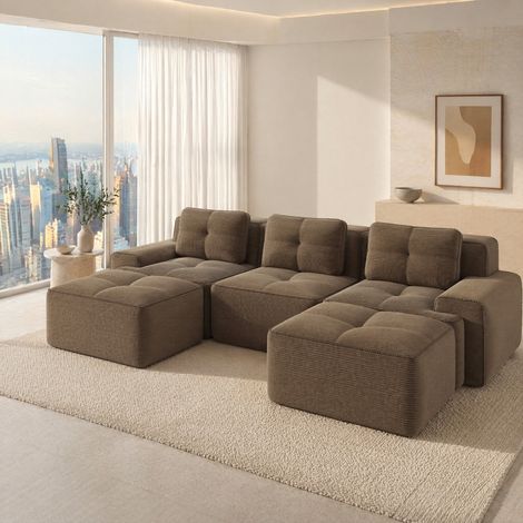 Canapé modulaire U en velours côtelé marron, 3 places, sans montage, avec ottoman, OKWISH (1/5)