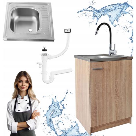 Meuble de cuisine Sonoma - 60 x 50 cm - Noir - Compact et pratique - Avec évier et robinet flexible