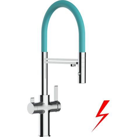 NIEDERDRUCK 3 Wege Wasserhahn Küchenarmatur Spültischmischer, Verchromt mit 360° schwenkbarem Auslauf, abnehmbare 2 strahl Handbrause, Flex-Schlauch oben in Tiffany - VZFC Linie (1/5)
