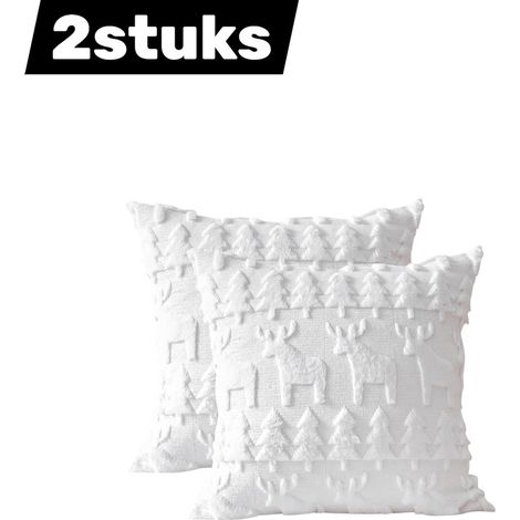 housses de coussin motif sapin et cerf décoration Noël pour canapé et bureau couleur blanches lot de 2 (1/4)