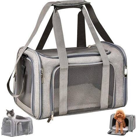 Sac de Transport Chat, avec Matelas Souple, Bandoulière Réglable, Design Pliable et Portable, Tissu en Maille pour la Ventilation, pour Chats et Chiots (Gris, L 43 × l 28 × H 28 cm) (1/5)