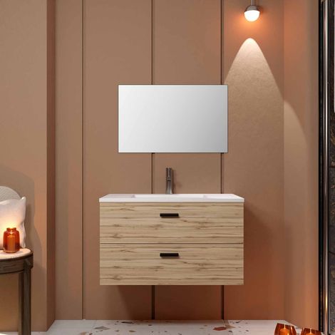 Mueble de baño 80cm 2 cajones Decoración Madera, Lavabo y Espejo - BOX-IN