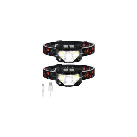 Conjunto de 2 linternas frontales LED ultra potentes, recargables por USB, con sensor de movimiento, ligeras e impermeables, 14 modos para correr, acampar y pescar - Crezuo