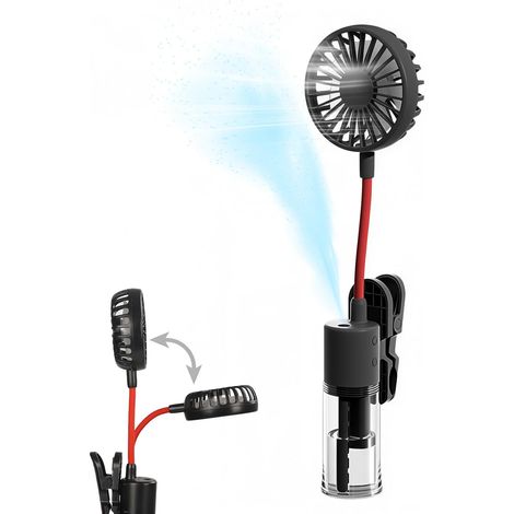 Petit ventilateur brumisateur personnel avec fonction de refroidissement par pulvérisation d'eau, doté d'une pince intégrée et d'une tête entièrement flexible alimenté par batterie rechargeable, (1/5)