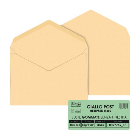 Pigna Buste Giallo Posta 18x24 cm 80 g/mq Chiusura Adesiva Senza Finestra - Confezione 25 Pz