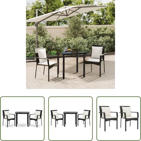 Gartenessgruppe - 3-tlg. Garten-Essgruppe mit Kissen Schwarz Poly Rattan (1/5)