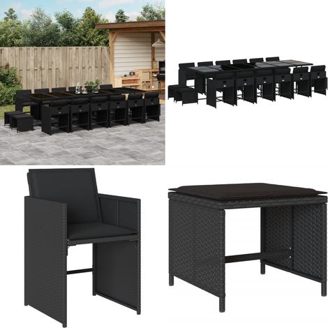 Set da Pranzo da Giardino 17 pz con Cuscini Nero in Polyrattan - Sedie da giardino - Tavolo da giardino