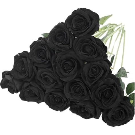 Lot de 10 roses artificielles rouge/rose/noir/blanc, avec tiges, fleurs artificielles en soie, pour maison, jardin, fête, hôtel, bureau, Saint-Valentin, mère (noir) (1/5)