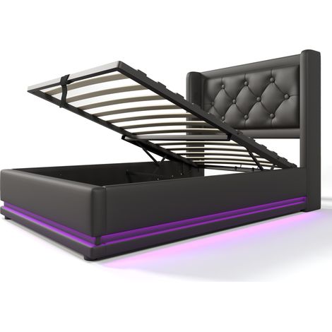 Cama tapizada 90 x 200 cm negra PU con almacenaje hidráulico, USB-C y LED en 3 lados (1/5)