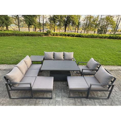 Fimous Garden Aluminium Furniture Set Dark Grey 10 Seater Outdoor Patio Adjustable Rising Lifting Dining Table with 2 Big Footstools Side Table Dark Grey (1/5)