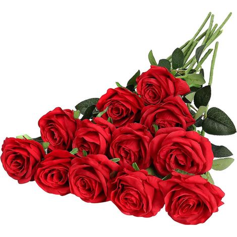 Lot de 12 roses rouges artificielles en soie, réalistes et épanouies, pour bouquet de mariage à longue tige, décoration de maison, mariage et fête.-AquaForge (1/5)
