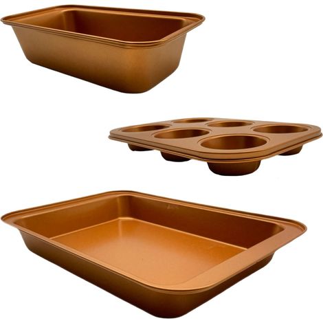 Relaxdays set 3 pz., 6 muffin, teglia arrosto, antiaderente, acciaio al carbonio, 230°C, rame