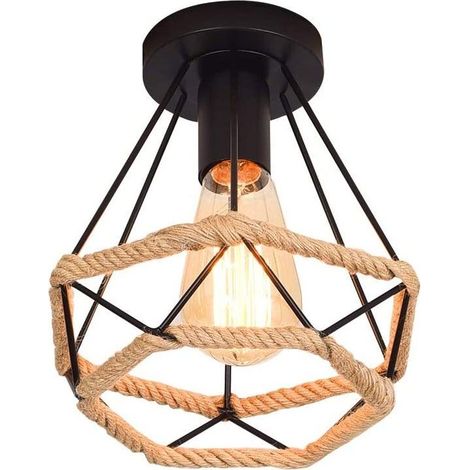 Plafonnier en Métal et Corde de Chanvre Cage Diamant E27 Rétro Industrielle Lustre Suspension pour Couloir Escalier Chambre Noir (1/5)