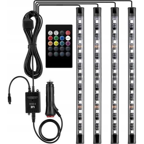 12V LED éclairage intérieur de voiture avec 4 pièces 48 RGB, 3 m de bandes LED multicolores de voiture, bande lumineuse contrôlable avec télécommande, éclairage étanche pour allume-cigare (1/5)
