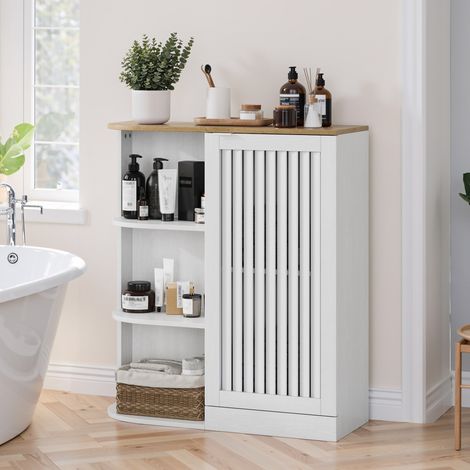 OKWISH Meuble d'angle 68x25x76 cm, rangement ouvert et fermé, étagères réglables, MDF blanc et chêne (1/5)