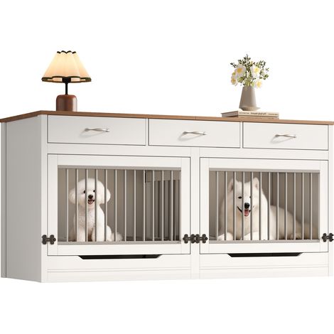 CAIziCage pour chien en bois et métal, niche intérieure pour 2 chiens, avec fermeture à serrure, porte relevable, cloison amovible, 3 tiroirs, blanc et aspect grain de bois, grande taille, 164×60×81 c