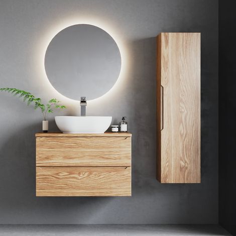 Conjunto mueble lavabo individual 80cm y columna Viggo Madera (1/4)