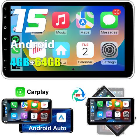 Hexinex Autoradio Android 14 DAB+ 10 Pouces avec navigation GPS – 1-DIN écran rotatif à 360° carPlay commandes au volant (1/5)
