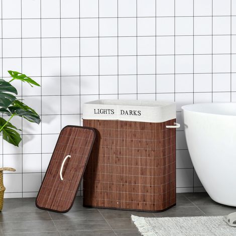 Panier à linge 100 L en bambou avec 2 compartiments, couvercle et 3 poignées, sac intérieur lavable et amovible, 52 x 32 x 63 cm, marron  CHICFURN (1/5)