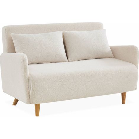 Canapé convertible 2 places scandinave - Panam - pieds bois. bouclettes blanches. banquette. dossier inclinable