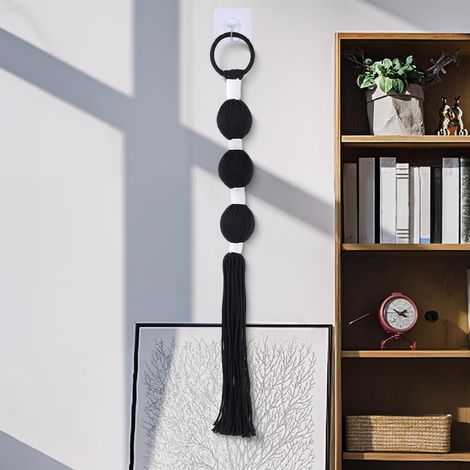 Décoration Murale Macramé Tapisserie Textile Coton Noir Style Bohème Petites Formes Sphériques Suspendre avec Crochet Adhésif Idéale pour Salon Chambre d'enfant Ou Toute Autre Pièce 67.5cm (1/5)