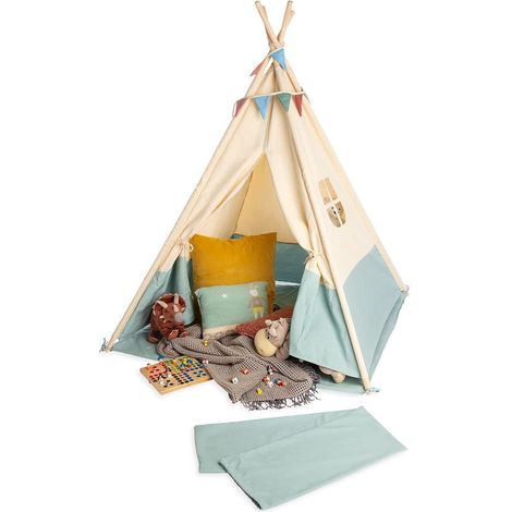 Pinolino Tenda Tipi Yuma in tessuto e legno con finestra, tappetino e sacchetto portaoggetti per bambini dai 3 J in su, tessuto con toni pastello e bandierine, beige verde (1/5)