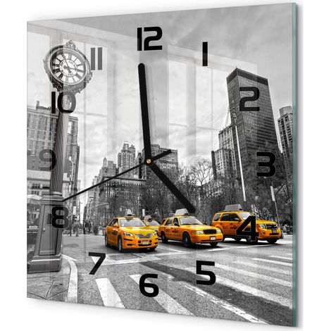 Horloge Murale Carrée Élégance Contemporaine Verre Trempé Silencieuse Taxis de New York 30x30 cm (1/5)
