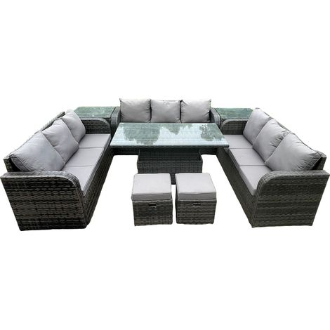 Fimous 11-Sitzer-Garten-Dining-Sets Rattan-Möbel-Lounge-Sofa-Höhenverstellbarer steigender Hubtisch mit 2-Beistelltischen 2-kleinen Fußhockern Dunkelgrau gemischt