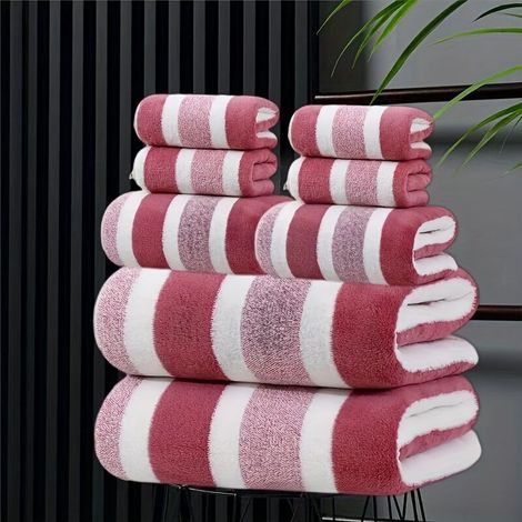 Ensemble de 8 serviettes de bain de luxe pour hôtel - Serviettes bicolores et rayées ultra-douces, super absorbantes et non pelucheuses, comprenant 2 grandes serviettes de bain, 2 serviettes pour les