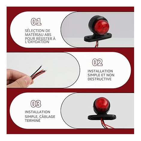 Feux de gabarit latéral LED, Ensemble de 4 Feux de Gabarit Latéraux Rouge Blanc 12v 24v, Lampe large à affichage circulaire double face, pour Remorque Camion Camionnette Fourgon Châssis Caravane (1/2)