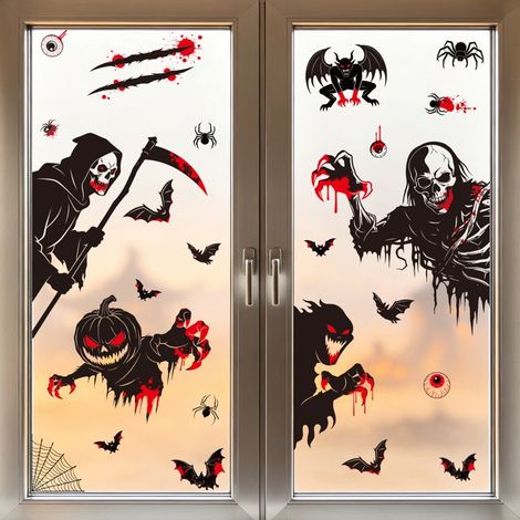 Décorations d'horreur pour Halloween : citrouille, crâne, faux, faucheuse, autocollants pour verre, chauve-souris, araignée, (L111) (1/5)