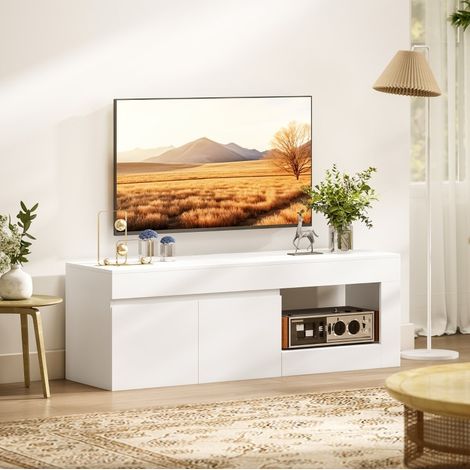 Meuble TV blanc 140 cm avec 2 portes et étagère ouverte OKWISH (1/5)