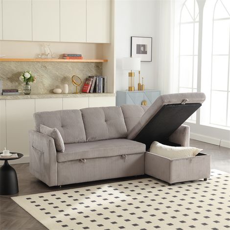 Canapé 3-4 places, canapé convertible multifonction, canapé modulable en L, 206x130x66-88cm, en velours gris clair (1/5)